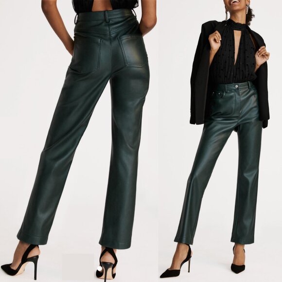 7 for All Mankind Green Faux Leather Straight Leg Pants Size Medium - Picture 1 of 6
